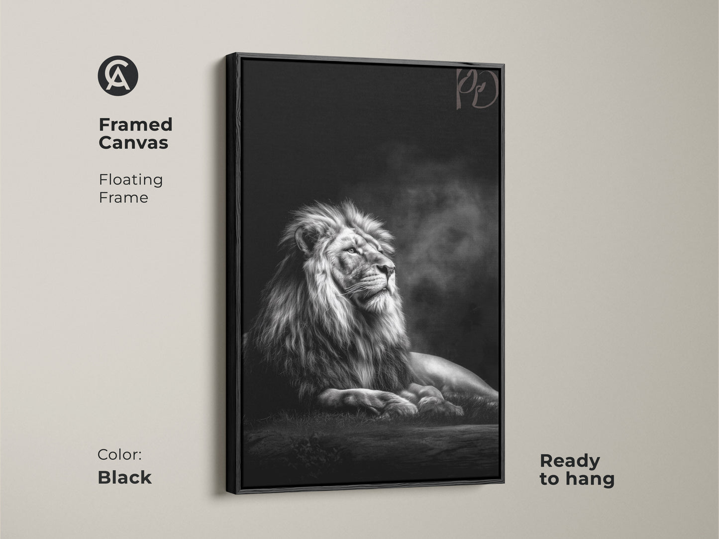 Framed canvas art presents a monochrome lion with a floating black frame. This photorealistic wildlife piece adds a touch of wild elegance. Ready to hang this black and white animal artwork is perfect for any room.