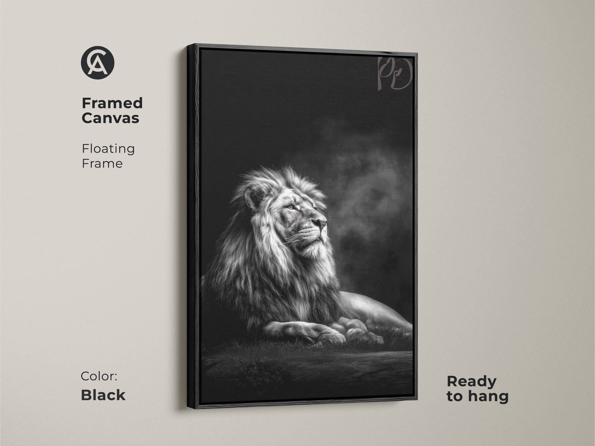 Framed canvas art presents a monochrome lion with a floating black frame. This photorealistic wildlife piece adds a touch of wild elegance. Ready to hang this black and white animal artwork is perfect for any room.