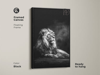 Framed canvas art presents a monochrome lion with a floating black frame. This photorealistic wildlife piece adds a touch of wild elegance. Ready to hang this black and white animal artwork is perfect for any room.