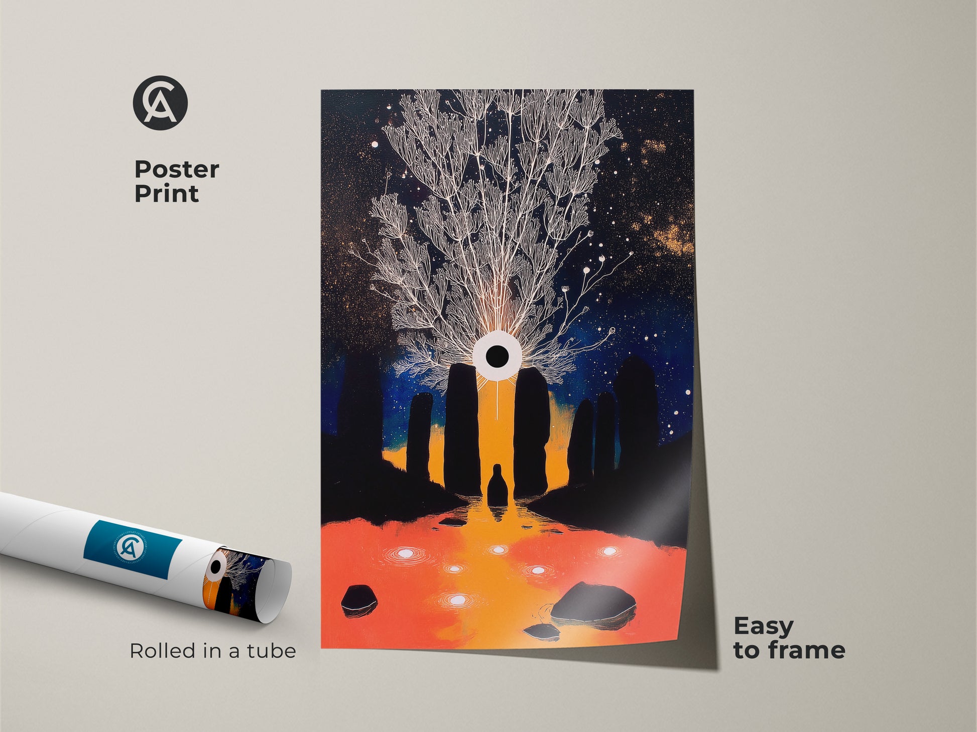 Poster print featuring surreal Tree of Life & Eye artwork. Rolled in a tube for easy framing. This cosmic night sky print uses dark blue and gold. Ideal for a home office wall art. The mystical tree artwork adds a unique touch. Perfect for lovers of abstract fantasy art.