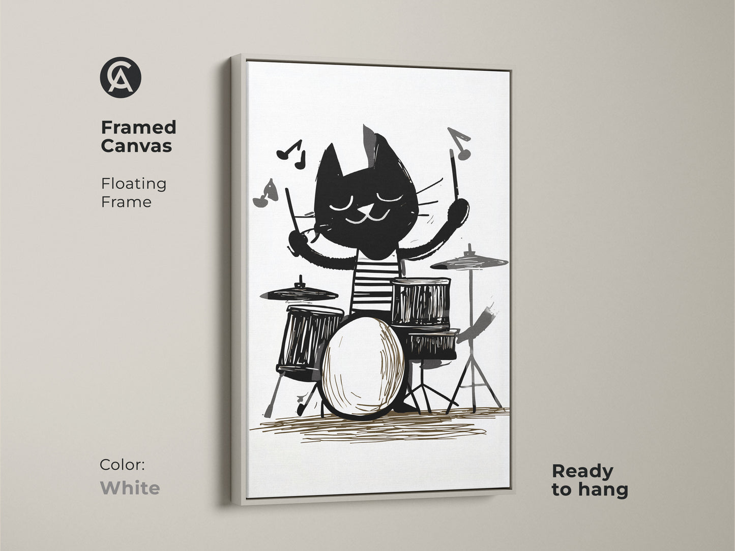 Framed Canvas showing a cat playing drums. White color floating frame. Black and white cat art print makes a music lover gift idea. Perfect kids room animal decor. Eclectic home art ready to hang.
