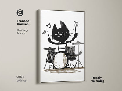 Framed Canvas showing a cat playing drums. White color floating frame. Black and white cat art print makes a music lover gift idea. Perfect kids room animal decor. Eclectic home art ready to hang.