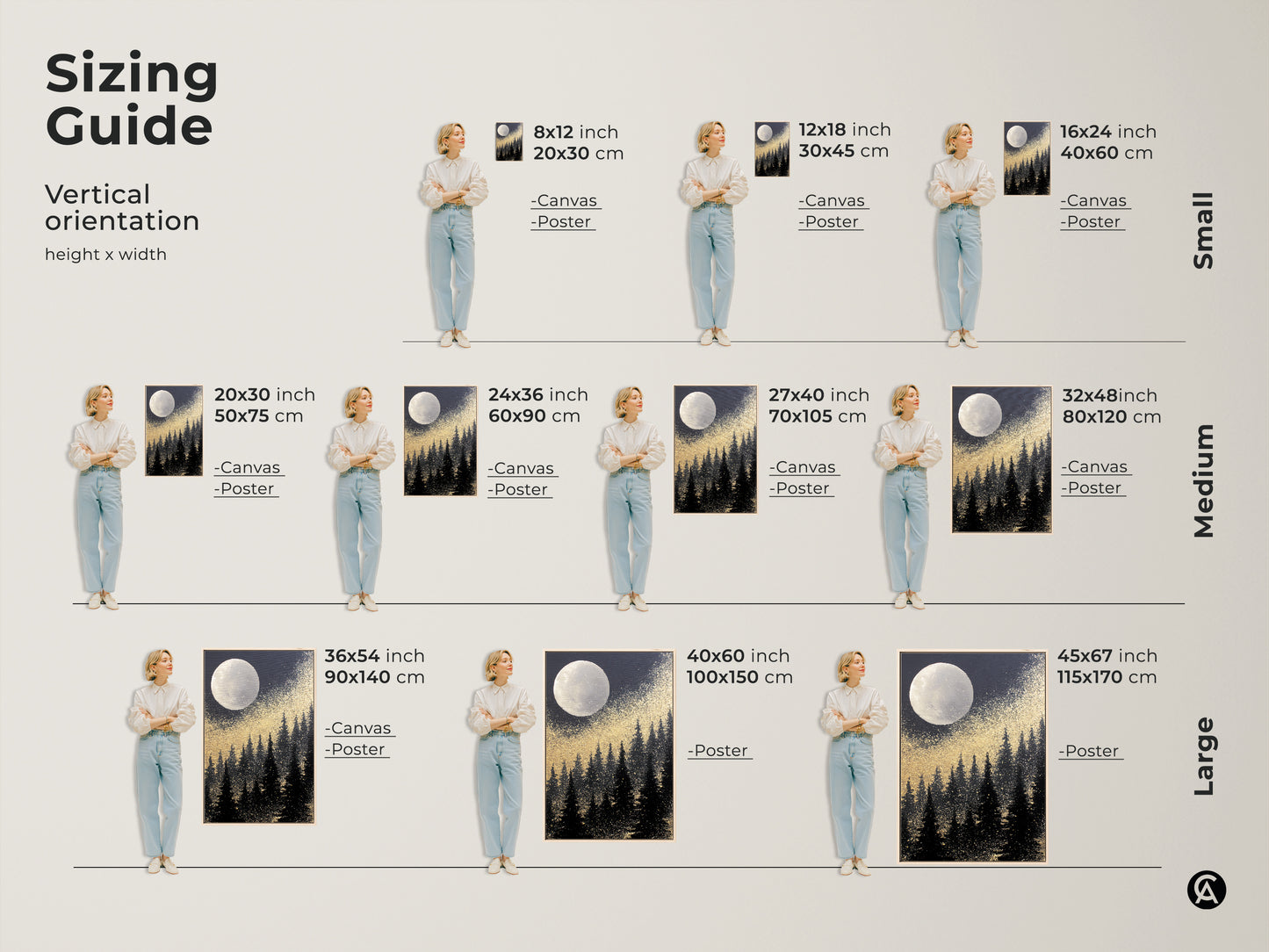 Discover the perfect size with our sizing guide for the Abstract Moon Forest canvas. Vertical orientation options include 8x12 inch to 45x67 inch. Available as canvas or poster prints. Envision how this art will enhance your space. Find the ideal fit for your bedroom living room or entryway art decor.