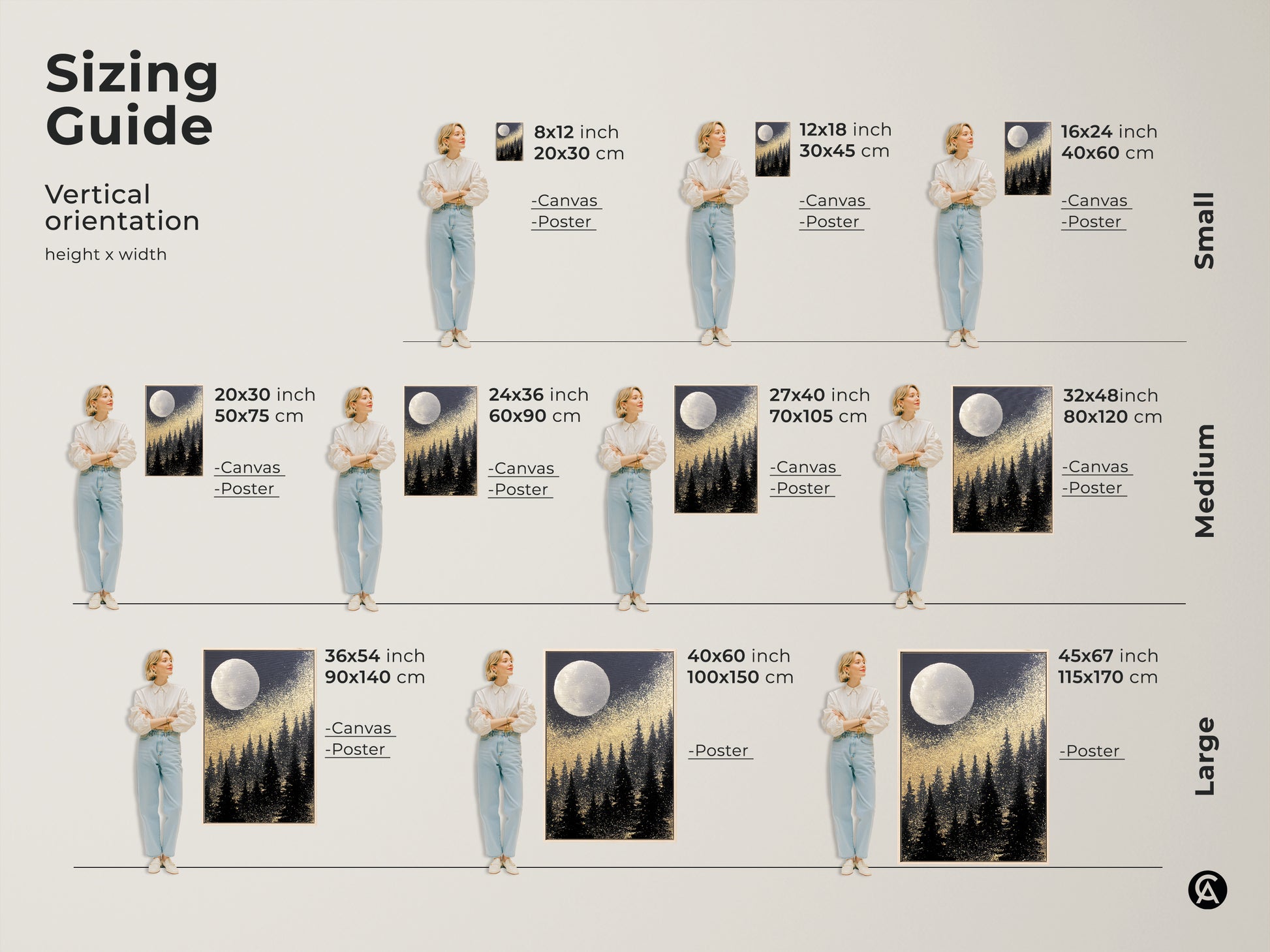 Discover the perfect size with our sizing guide for the Abstract Moon Forest canvas. Vertical orientation options include 8x12 inch to 45x67 inch. Available as canvas or poster prints. Envision how this art will enhance your space. Find the ideal fit for your bedroom living room or entryway art decor.