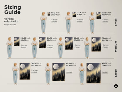 Discover the perfect size with our sizing guide for the Abstract Moon Forest canvas. Vertical orientation options include 8x12 inch to 45x67 inch. Available as canvas or poster prints. Envision how this art will enhance your space. Find the ideal fit for your bedroom living room or entryway art decor.