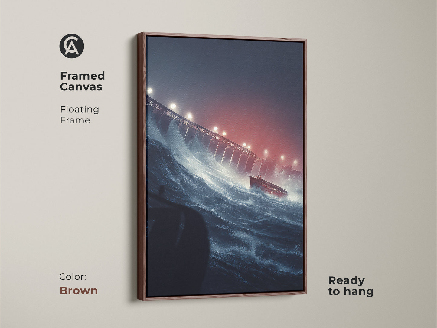 Framed canvas of a ship in a stormy sea with a floating brown frame. This maritime disaster art features dark blue ocean waves and a red ship near a bridge. Ready to hang this unique nautical decor makes a great housewarming gift.