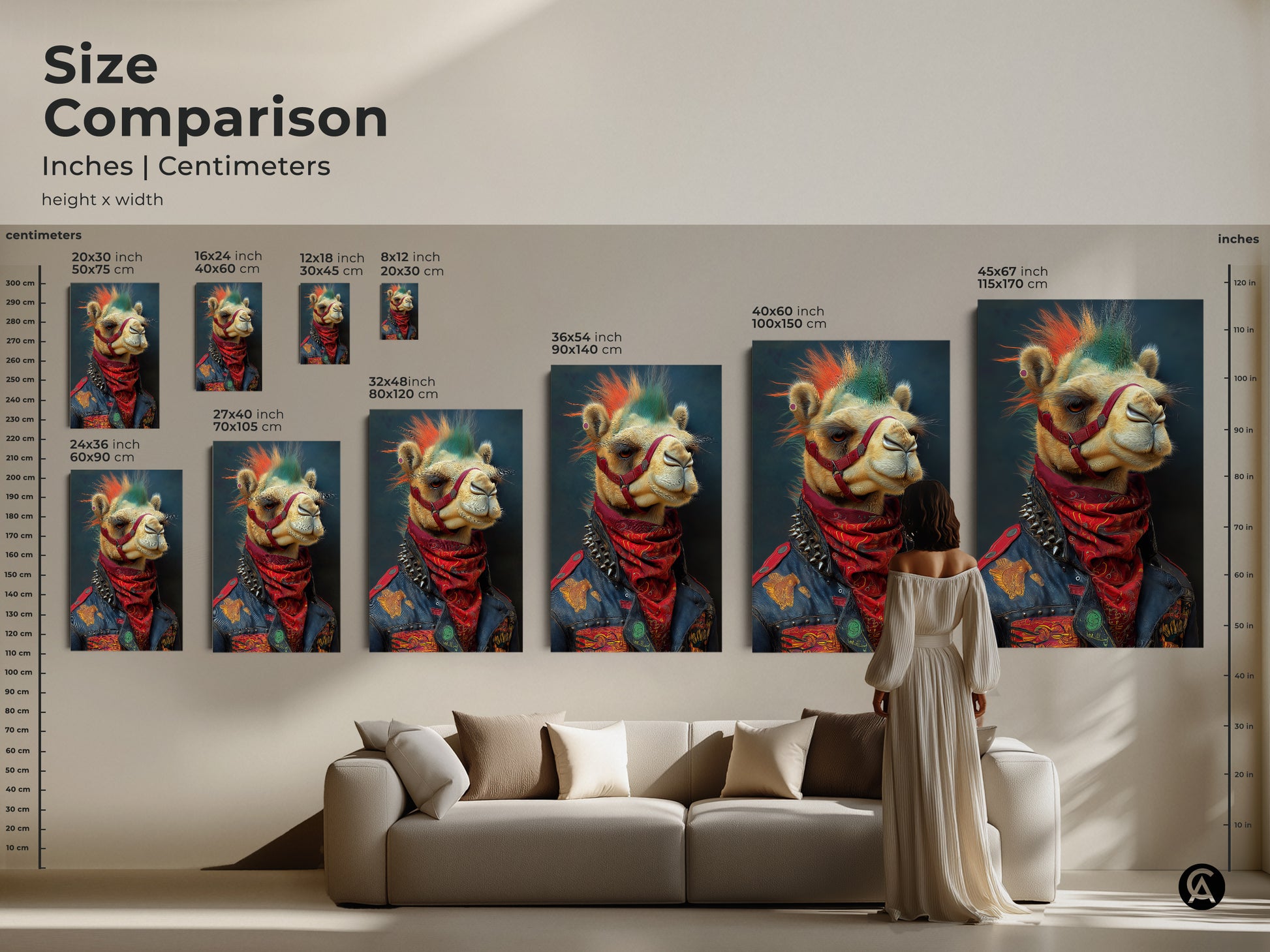 Compare sizes of the punk camel artwork. The mohawk and studded jacket design is striking in any size. Perfect for eclectic offices and edgy home decor. Ideal for adding a unique touch to living rooms and workspaces. Find the perfect size to make a statement with this cool animal print.