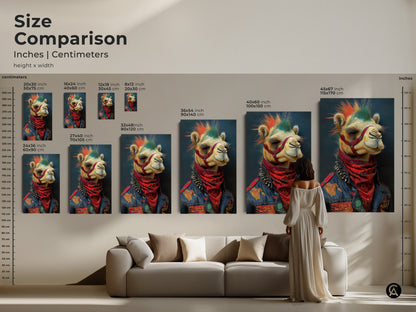 Compare sizes of the punk camel artwork. The mohawk and studded jacket design is striking in any size. Perfect for eclectic offices and edgy home decor. Ideal for adding a unique touch to living rooms and workspaces. Find the perfect size to make a statement with this cool animal print.