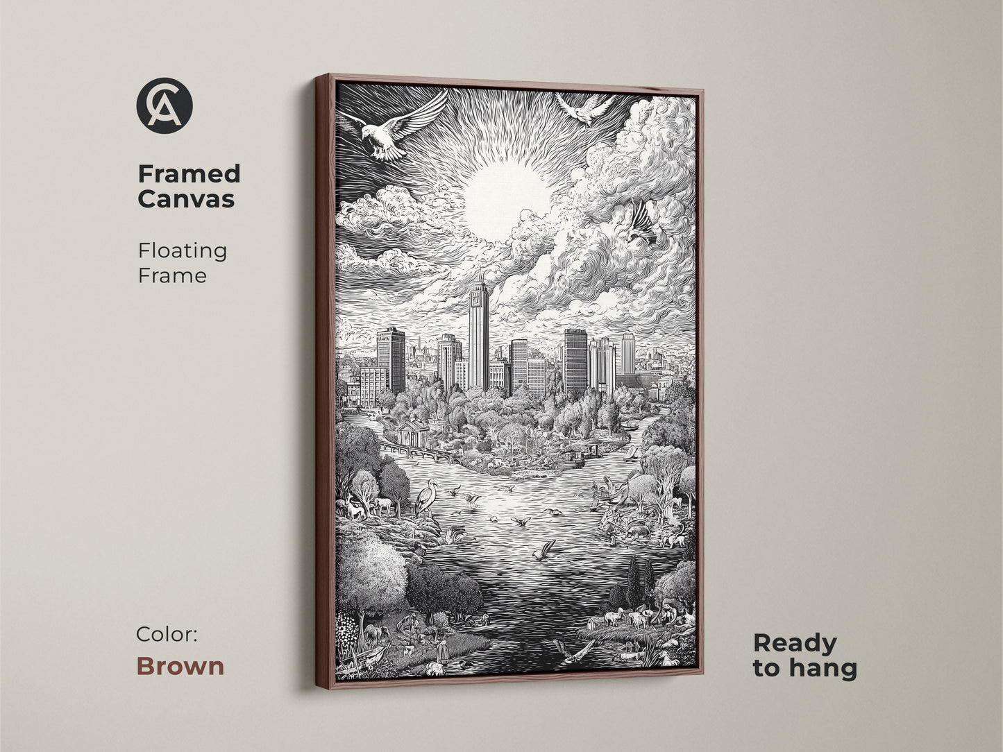 Brown framed canvas art featuring the Austin Texas Skyline. The floating frame enhances the black and white artwork. The art print shows the city skyline park animals and bright sun. This framed canvas is ready to hang and enjoy.