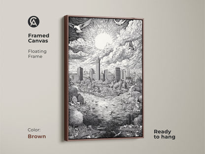Brown framed canvas art featuring the Austin Texas Skyline. The floating frame enhances the black and white artwork. The art print shows the city skyline park animals and bright sun. This framed canvas is ready to hang and enjoy.