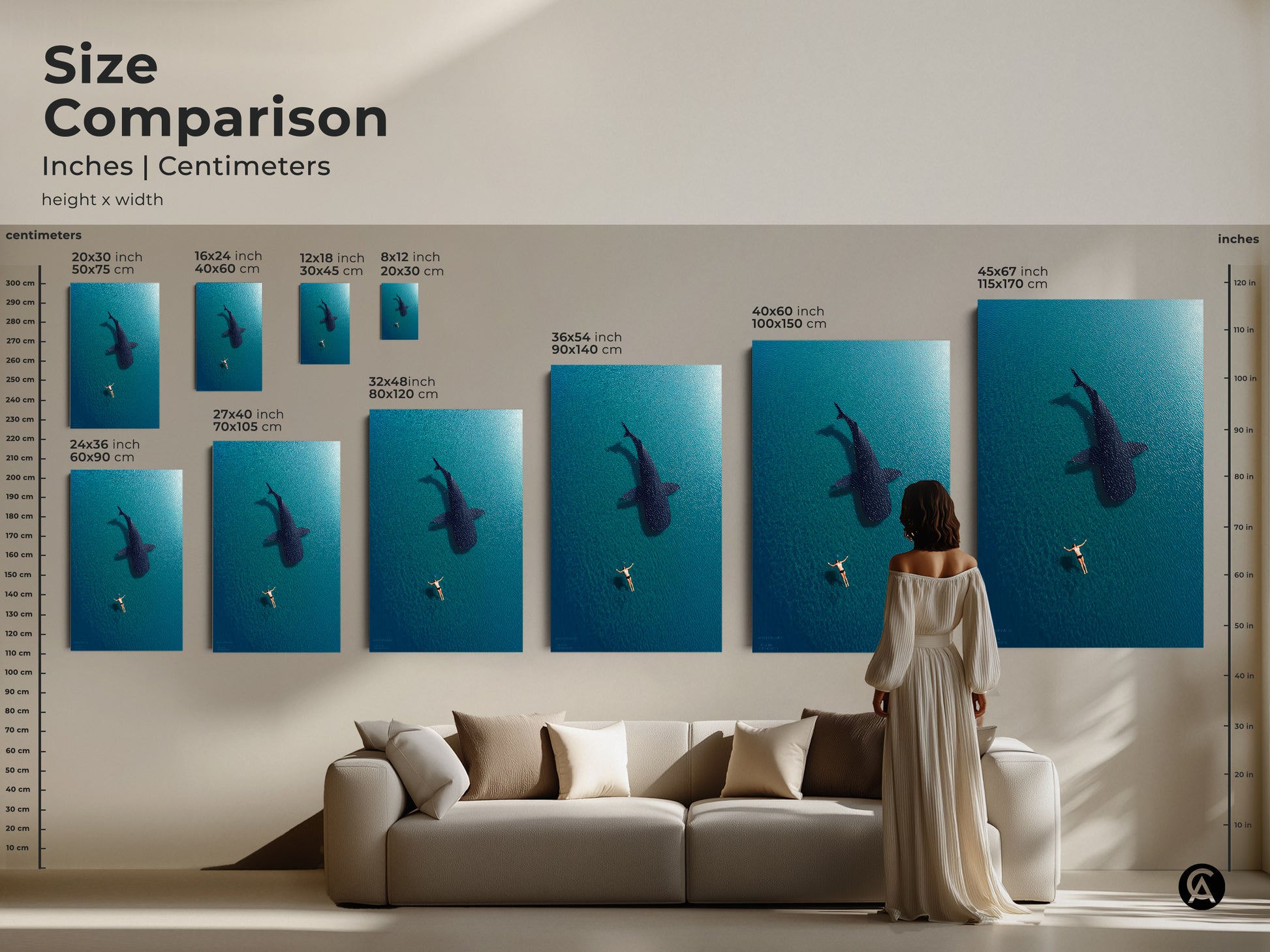 Size comparison of ocean art featuring a swimmer and whale shark in turquoise waters. See how different sizes fit above a sofa to create stunning coastal wall decor. Choose from various canvas and poster sizes to complement your living room.