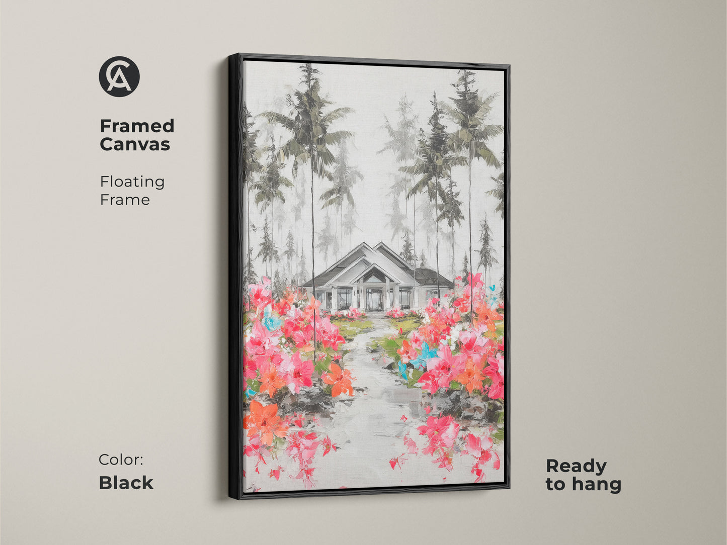Framed in black this canvas art print shows a beautiful house among tall pine trees. The path of pink and orange flowers add a touch of color. Ready to hang this floating frame art brings an artistic touch to your home. Perfect wall decor for a modern farmhouse.