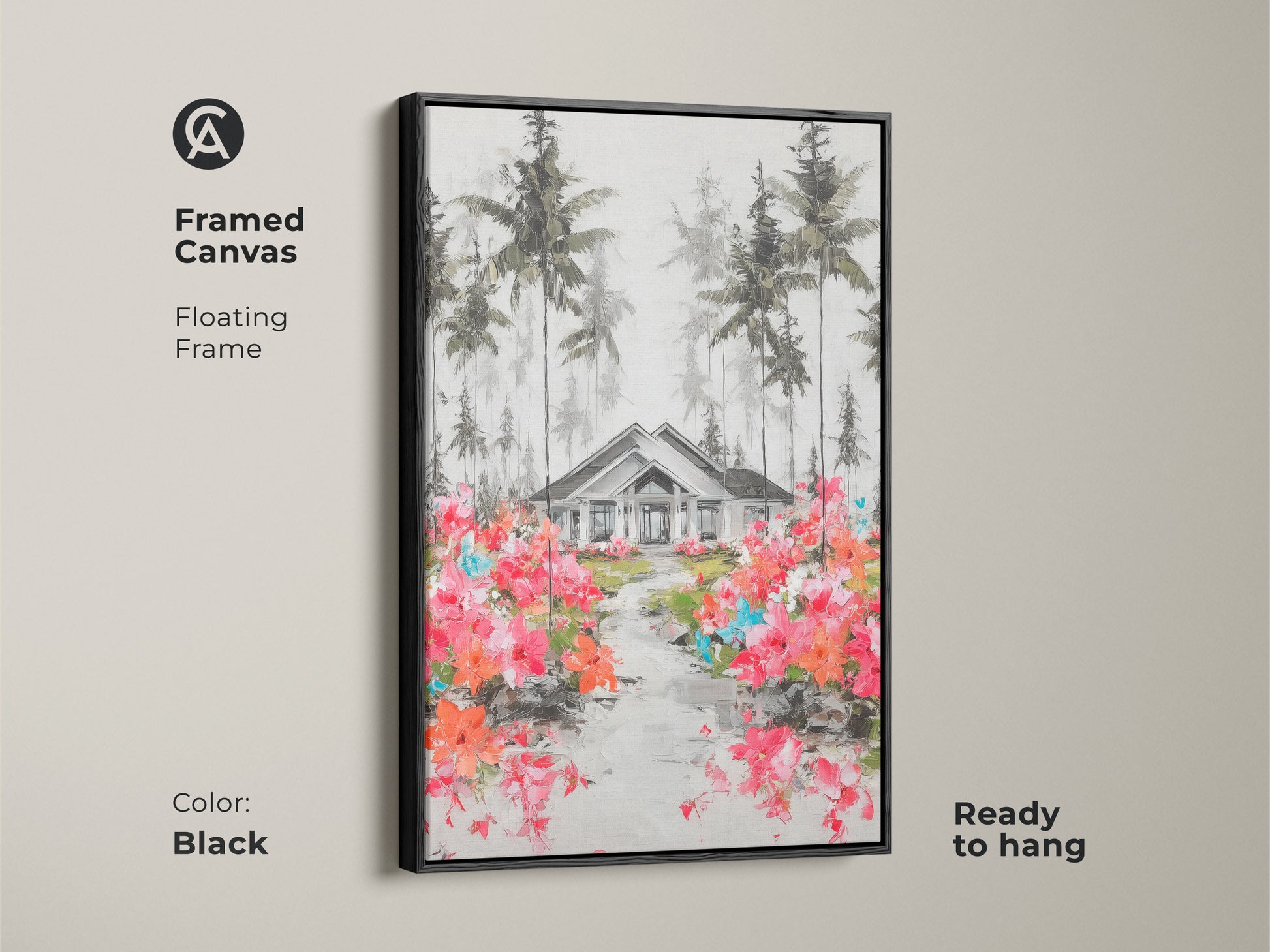 Framed in black this canvas art print shows a beautiful house among tall pine trees. The path of pink and orange flowers add a touch of color. Ready to hang this floating frame art brings an artistic touch to your home. Perfect wall decor for a modern farmhouse.