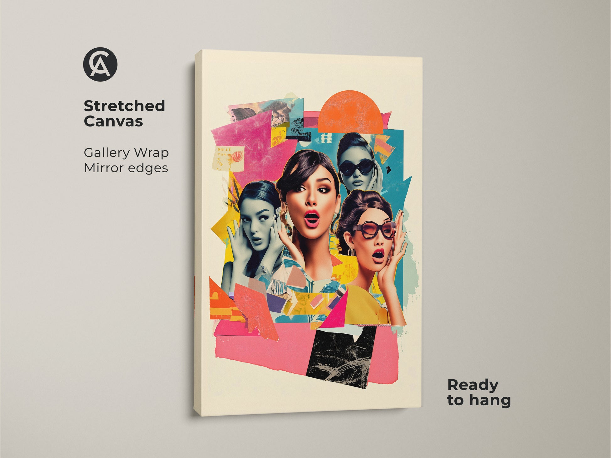 Stretched canvas of a retro pop art collage. The eclectic artwork features surprised women in vibrant colors. Gallery wrapped with mirrored edges it is ready to hang. Perfect fashion lover gift.