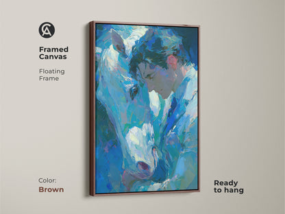 Brown framed canvas art print of a man and white horse. This ready to hang artwork features a floating frame. The artwork enhances any room's decor. This emotional piece brings a sense of peace. A great addition to your art collection.