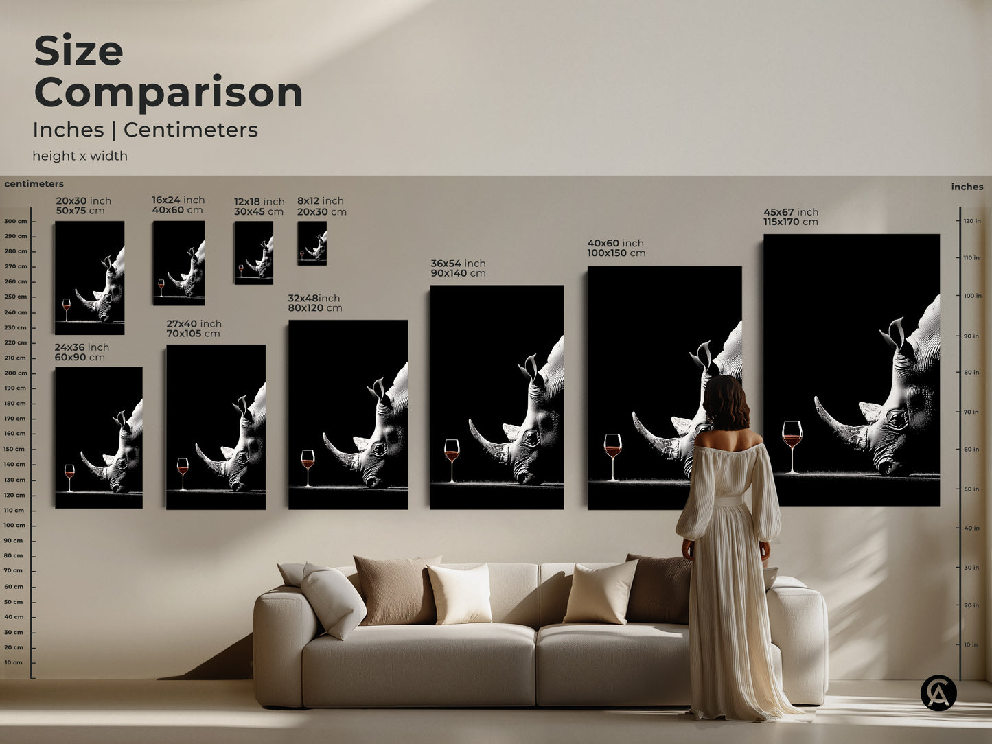 Compare sizes of the surreal rhino and wine glass artwork on canvas. A woman looks at a range of sizes to find the perfect fit. This monochrome wildlife art complements any living space or office. Transform your space with unique art that matches your style and needs.