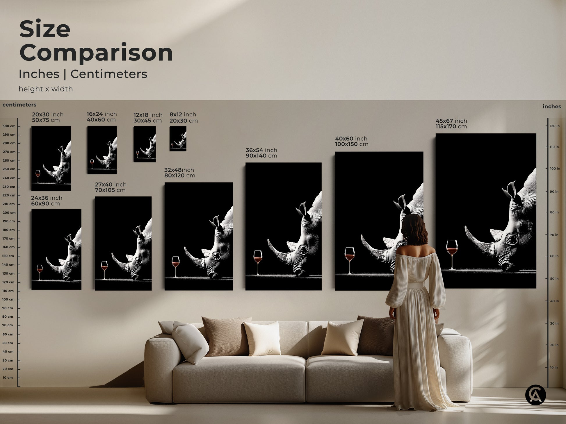 Compare sizes of the surreal rhino and wine glass artwork on canvas. A woman looks at a range of sizes to find the perfect fit. This monochrome wildlife art complements any living space or office. Transform your space with unique art that matches your style and needs.