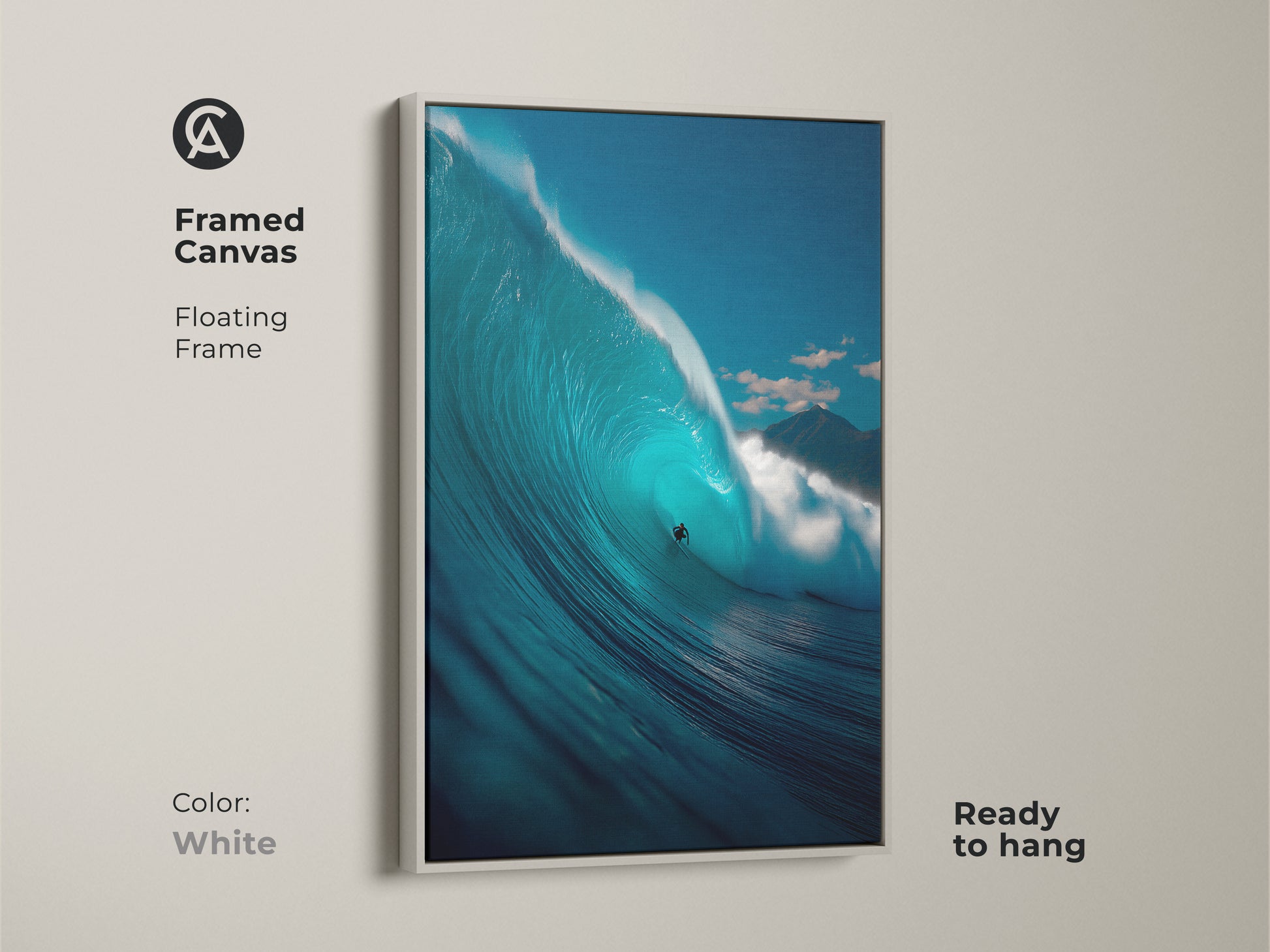 White framed canvas print of a surfer riding a huge wave. This floating frame offers a clean look to the ocean artwork. The canvas is ready to hang. It's a versatile piece of wall art.