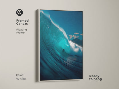 White framed canvas print of a surfer riding a huge wave. This floating frame offers a clean look to the ocean artwork. The canvas is ready to hang. It's a versatile piece of wall art.