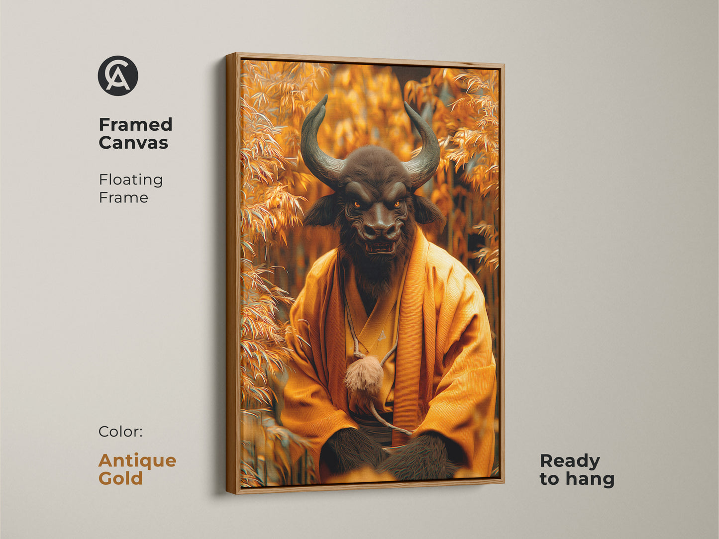 Framed Canvas artwork presents a Minotaur Monk in a floating frame. The antique gold frame adds a touch of elegance. This piece is ready to hang. The striking contrast of the Minotaur and monk imagery makes it an intriguing conversation starter. Elevate your decor.