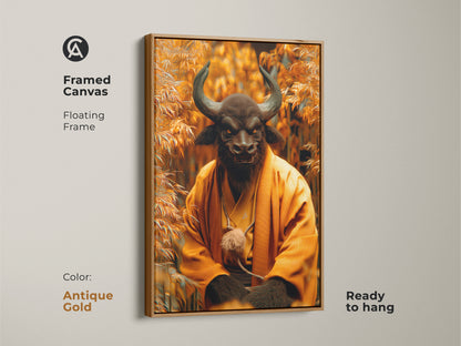 Framed Canvas artwork presents a Minotaur Monk in a floating frame. The antique gold frame adds a touch of elegance. This piece is ready to hang. The striking contrast of the Minotaur and monk imagery makes it an intriguing conversation starter. Elevate your decor.
