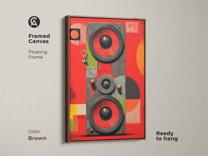 Framed in brown this retro speaker canvas features floating frame. The abstract sound waves artwork with geometric speaker is ready to hang. The red orange and green tones enhance this piece of eclectic art.