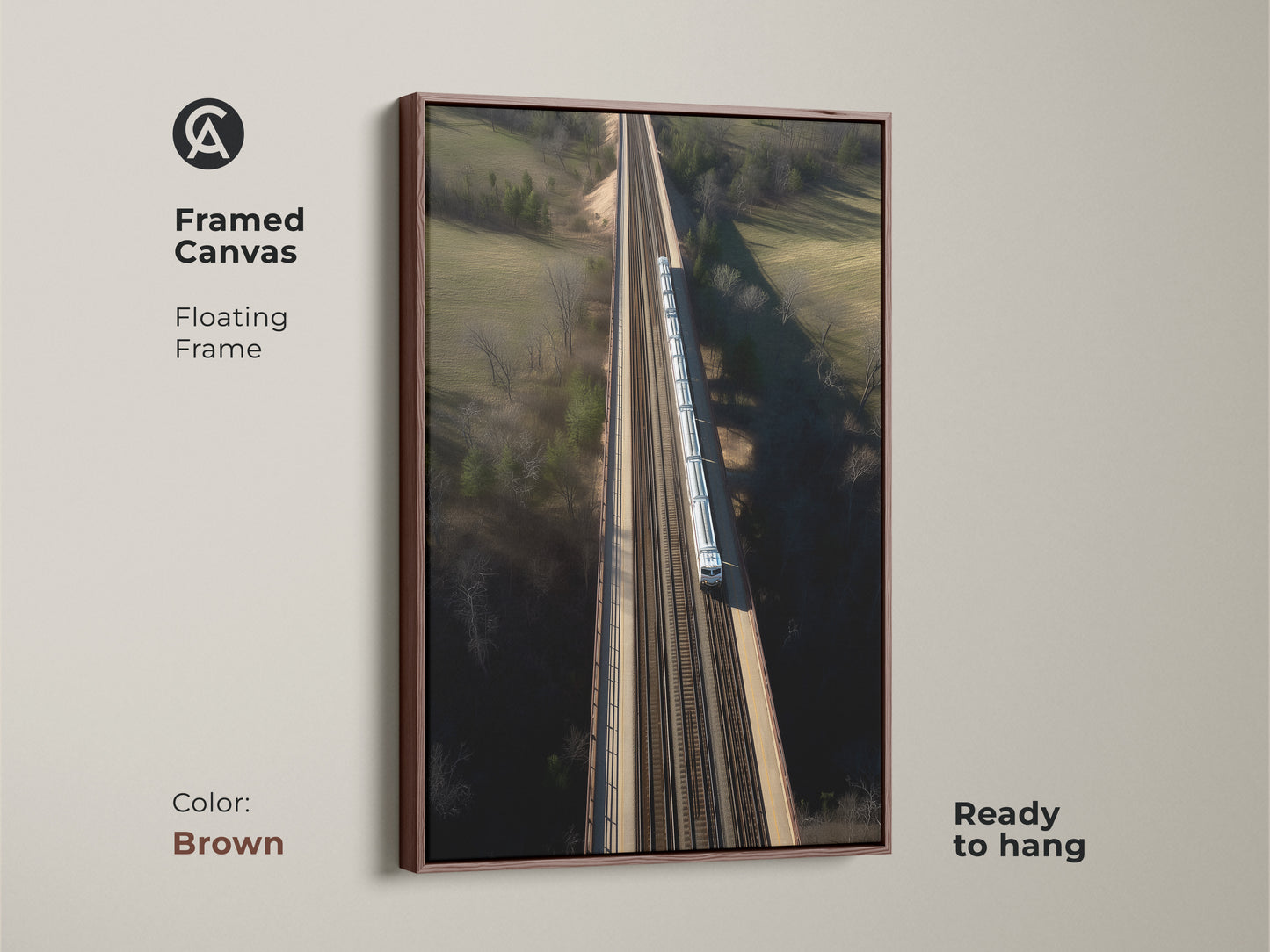 Enhance your space with this framed canvas art. It displays a modern aerial train bridge. The floating frame adds elegance. It's ready to hang. Perfect for a housewarming present. The realistic transportation artwork complements any room. This art piece has a brown frame.