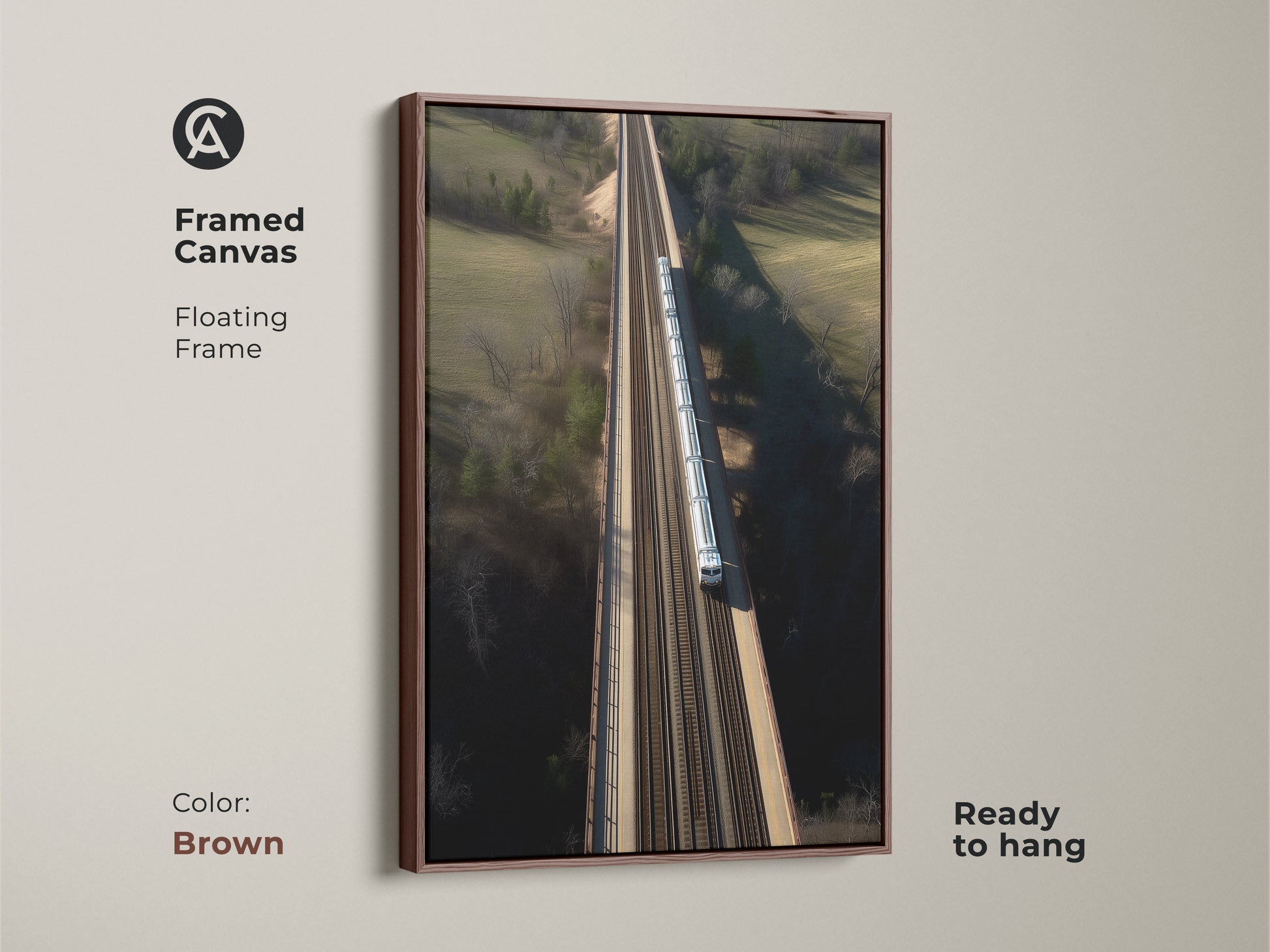Enhance your space with this framed canvas art. It displays a modern aerial train bridge. The floating frame adds elegance. It's ready to hang. Perfect for a housewarming present. The realistic transportation artwork complements any room. This art piece has a brown frame.