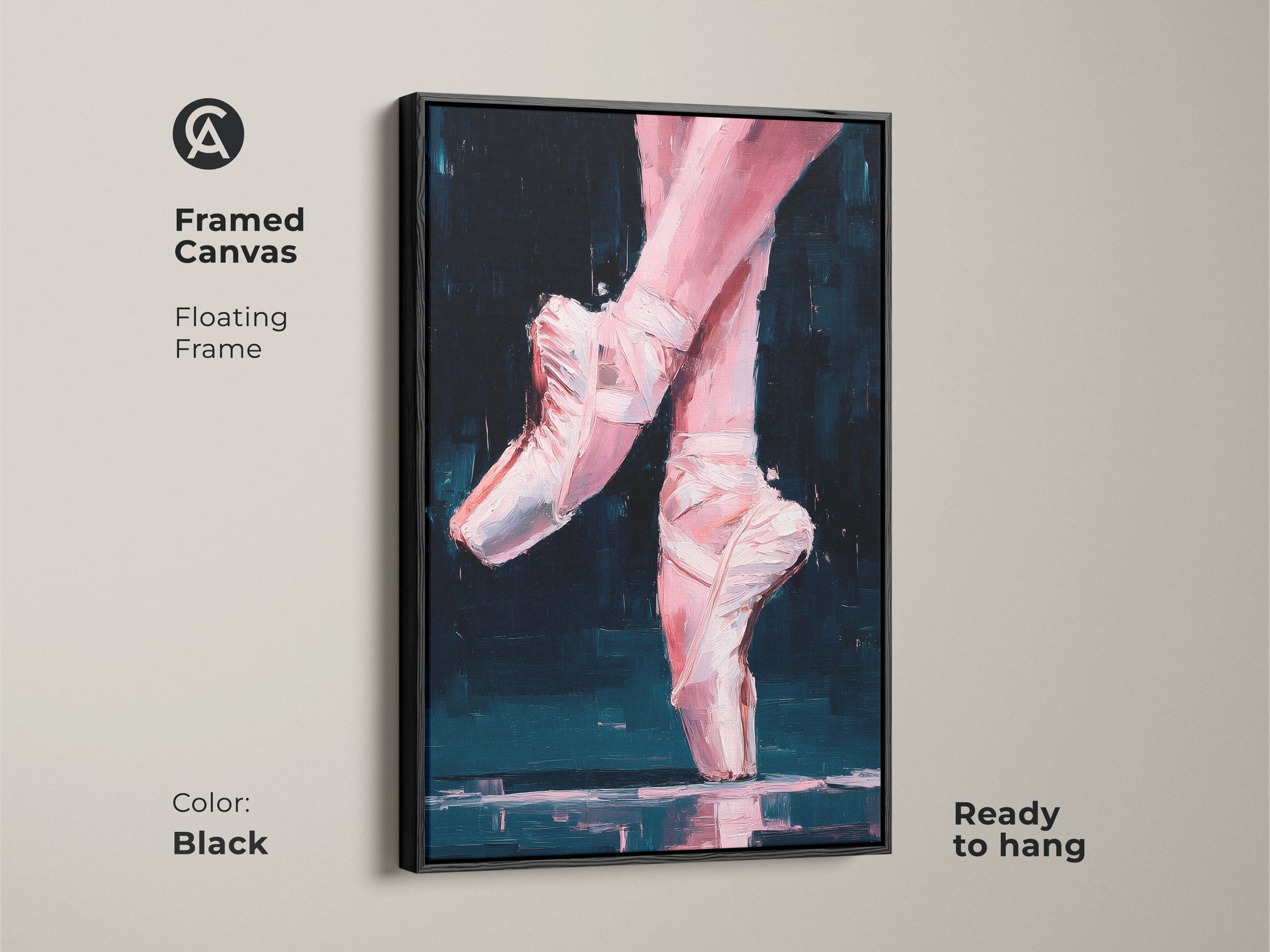 Framed canvas of ballerina feet artwork with a black floating frame. This ready-to-hang painting features pink feet and white ballet slippers. Enhance your home decor with this elegant dance-inspired art.
