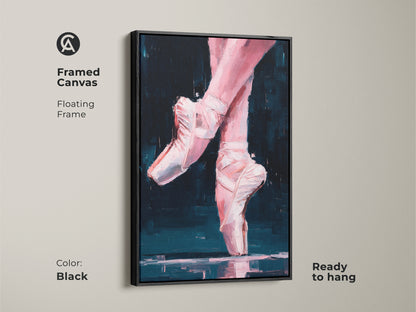 Framed canvas of ballerina feet artwork with a black floating frame. This ready-to-hang painting features pink feet and white ballet slippers. Enhance your home decor with this elegant dance-inspired art.