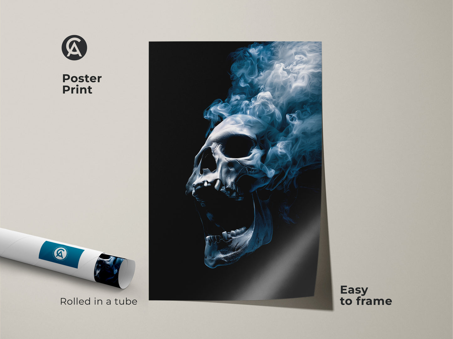 Poster print of a skull engulfed in blue smoke. This museum-quality paper art print is rolled in a tube. Easy to frame this poster is an affordable way to display striking artwork. Enhance your space with this unique art.