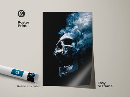 Poster print of a skull engulfed in blue smoke. This museum-quality paper art print is rolled in a tube. Easy to frame this poster is an affordable way to display striking artwork. Enhance your space with this unique art.