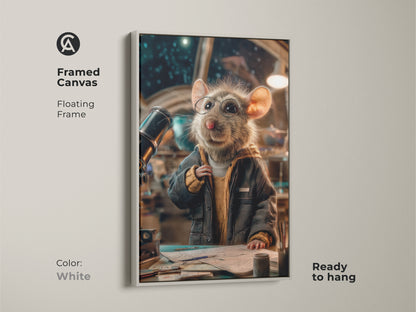 Framed canvas featuring a mouse astronaut in a white floating frame. This unique gift for him is ready to hang. The mouse wears glasses and peers through a telescope. This space exploration artwork is perfect for an office or study. The sci-fi art adds an eclectic touch.