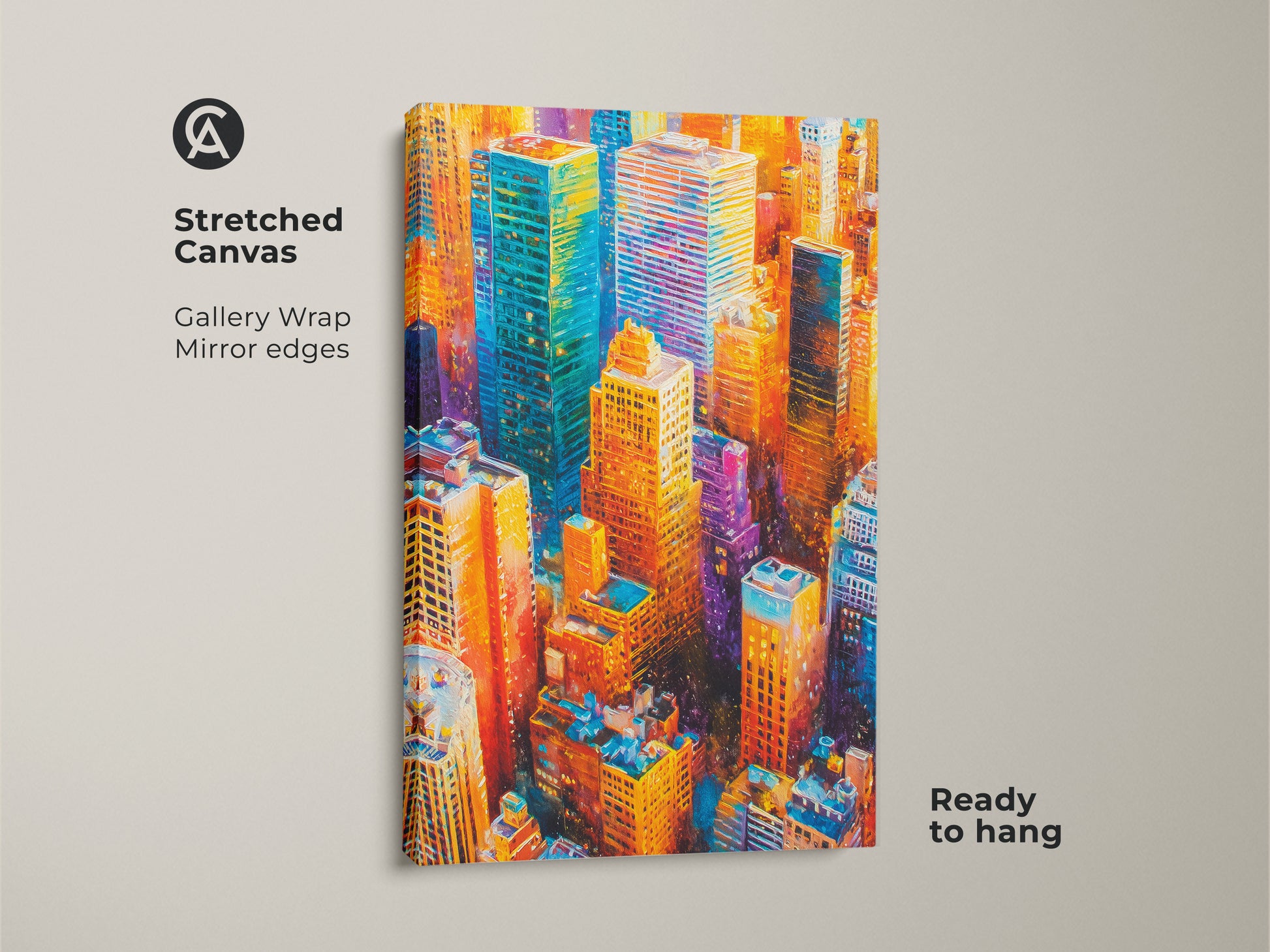 Poster print of cityscape artwork. Rolled in a tube for easy framing. The artwork showcases vibrant skyscrapers in blues oranges and yellows. A stunning piece of urban art capturing a modern metropolis. Perfect for adding color and sophistication to any space this poster print is ready to frame and display.