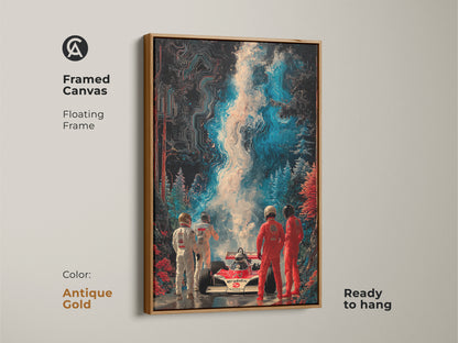 This Formula 1 canvas art features an antique gold floating frame. The red and white art is a contemporary speed artwork. Ready to hang. This artwork is ideal for modern garage art and abstract automotive art.