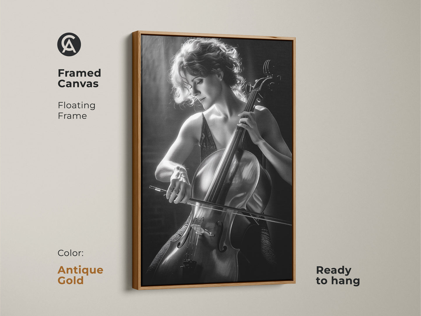 Framed canvas with an antique gold floating frame presenting a cello player. Ready to hang this monochrome artwork adds elegance. A perfect gift for cello player and music art lovers.