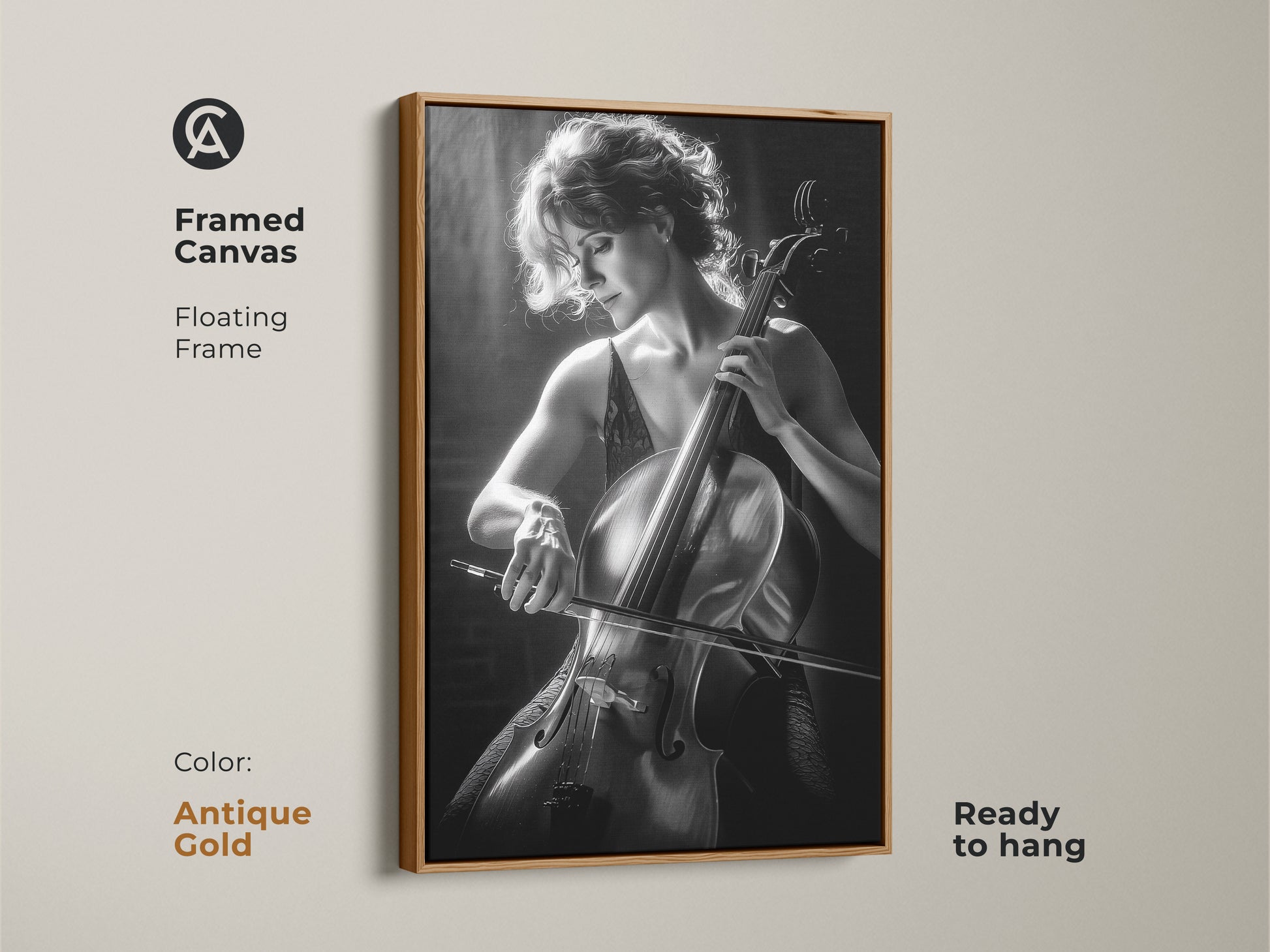 Framed canvas with an antique gold floating frame presenting a cello player. Ready to hang this monochrome artwork adds elegance. A perfect gift for cello player and music art lovers.