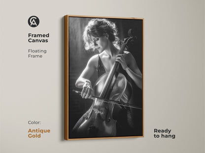 Framed canvas with an antique gold floating frame presenting a cello player. Ready to hang this monochrome artwork adds elegance. A perfect gift for cello player and music art lovers.