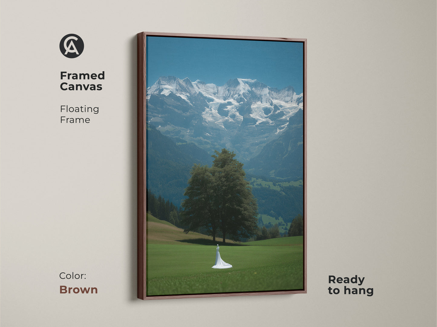Framed canvas with a brown floating frame showing cinematic mountain artwork. Features a bride figure in a white dress. A fine art landscape canvas adds nature inspired beauty. Blue green scenic wall art perfect as a wedding gift. Contemporary home decor print ready to hang. Romantic landscape canvas artwork.