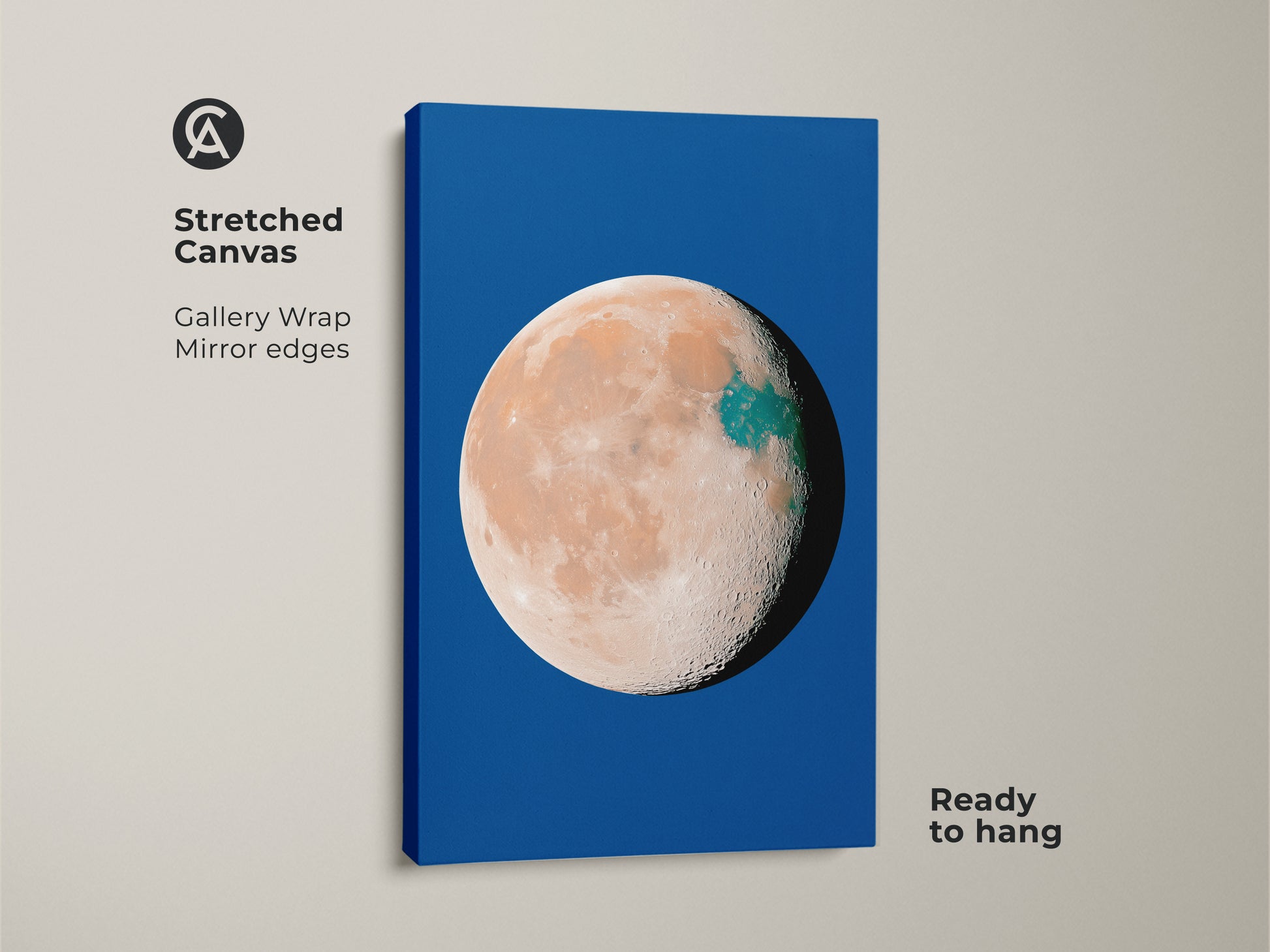 Stretched canvas featuring abstract planet art. A celestial moon decor piece with a deep blue background. Orange and teal space wall art for a surreal minimalist aesthetic. Ready to hang celestial body artwork.