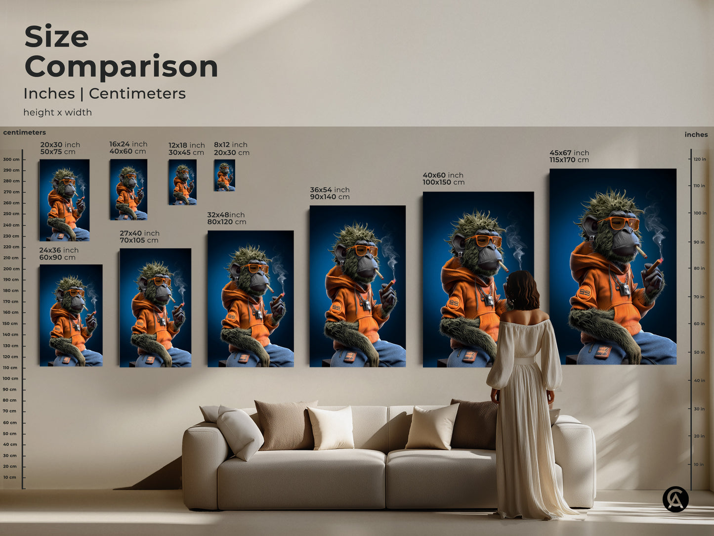 This is a size comparison of the graffiti monkey art print. The urban street art canvas features a monkey in an orange hoodie smoking. Sizes range from small to large for canvas and poster options. This art makes great eclectic home decor.