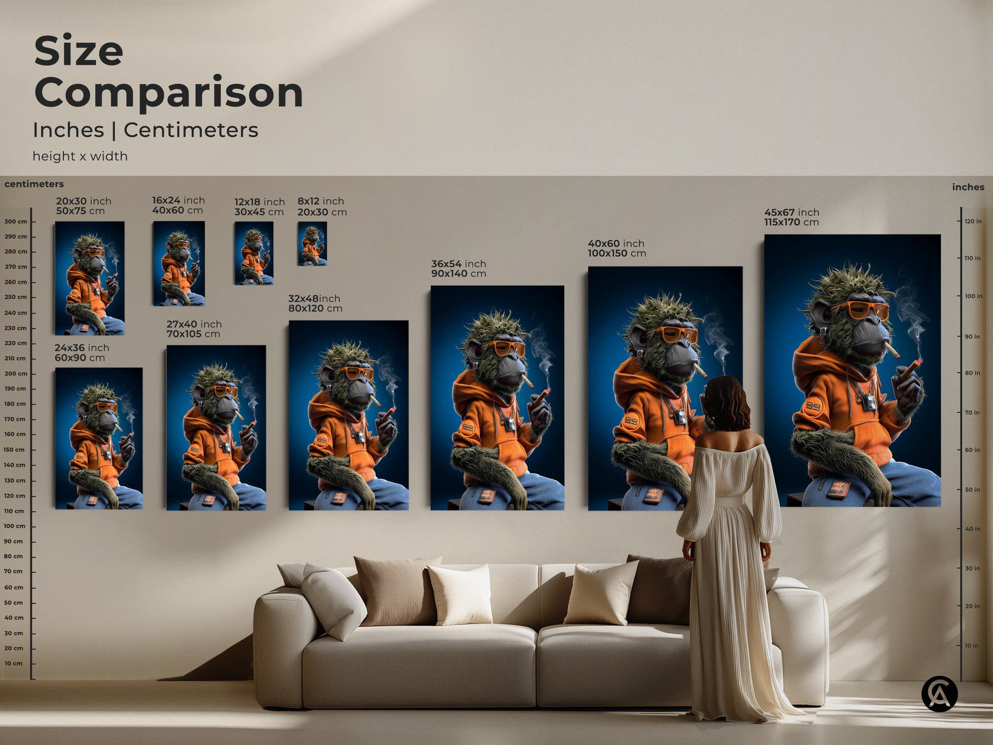 This is a size comparison of the graffiti monkey art print. The urban street art canvas features a monkey in an orange hoodie smoking. Sizes range from small to large for canvas and poster options. This art makes great eclectic home decor.