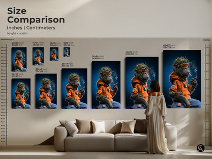 This is a size comparison of the graffiti monkey art print. The urban street art canvas features a monkey in an orange hoodie smoking. Sizes range from small to large for canvas and poster options. This art makes great eclectic home decor.