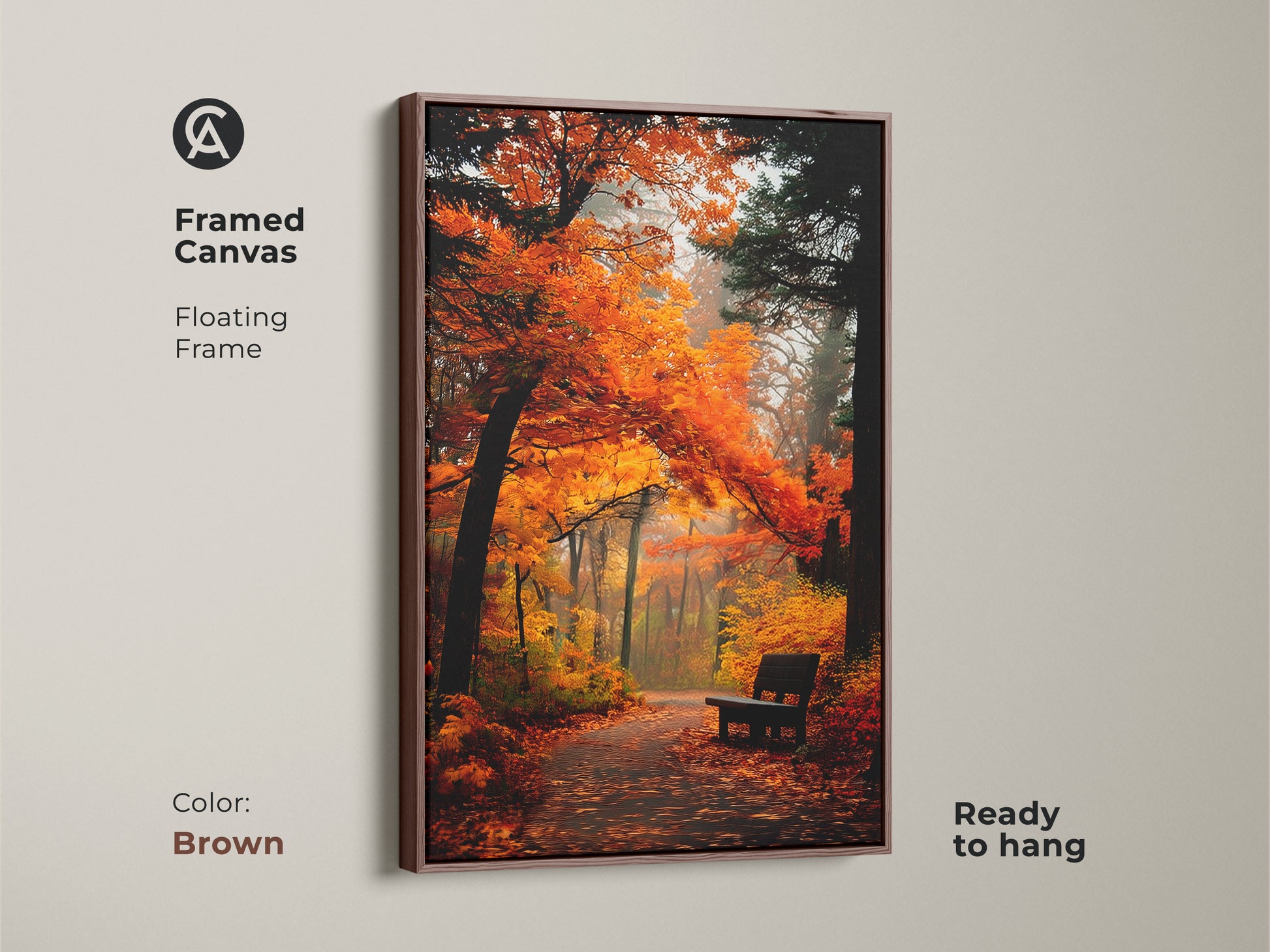 Add warmth to your walls with this framed canvas artwork. It features an autumn park scene with vibrant orange trees and a tranquil bench. The floating frame in brown complements the natural theme. Ready to hang this print creates a cozy atmosphere in any room.