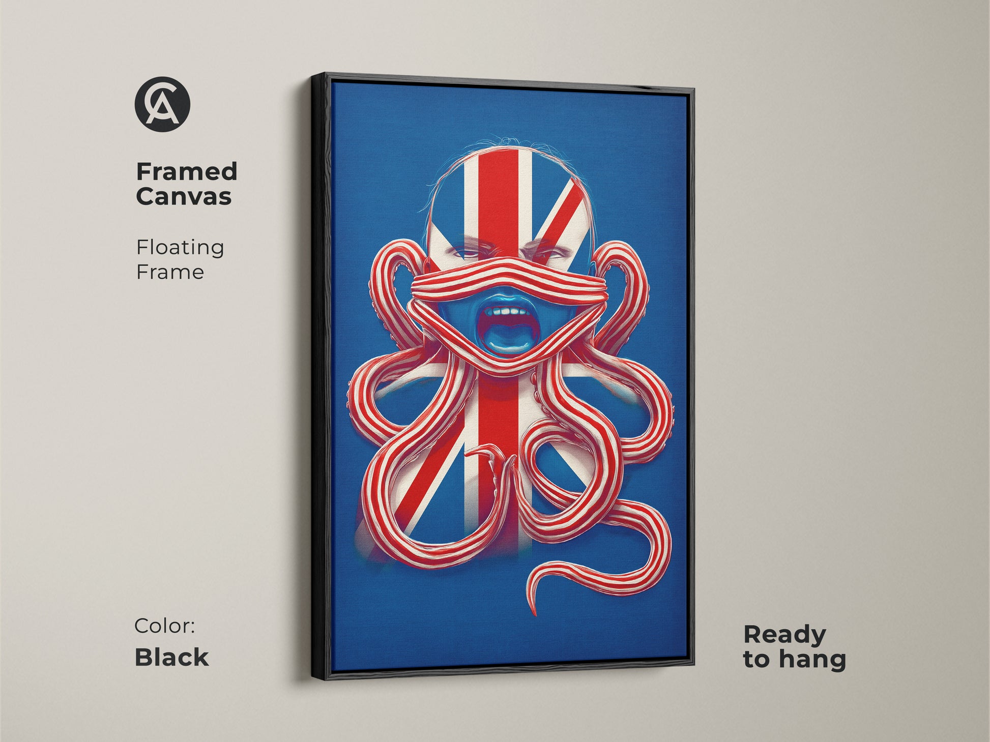 Framed canvas displaying British Patriotism Octopus Face Wall Art. The black floating frame makes it ready to hang. This surreal Union Jack print is great eclectic artwork.