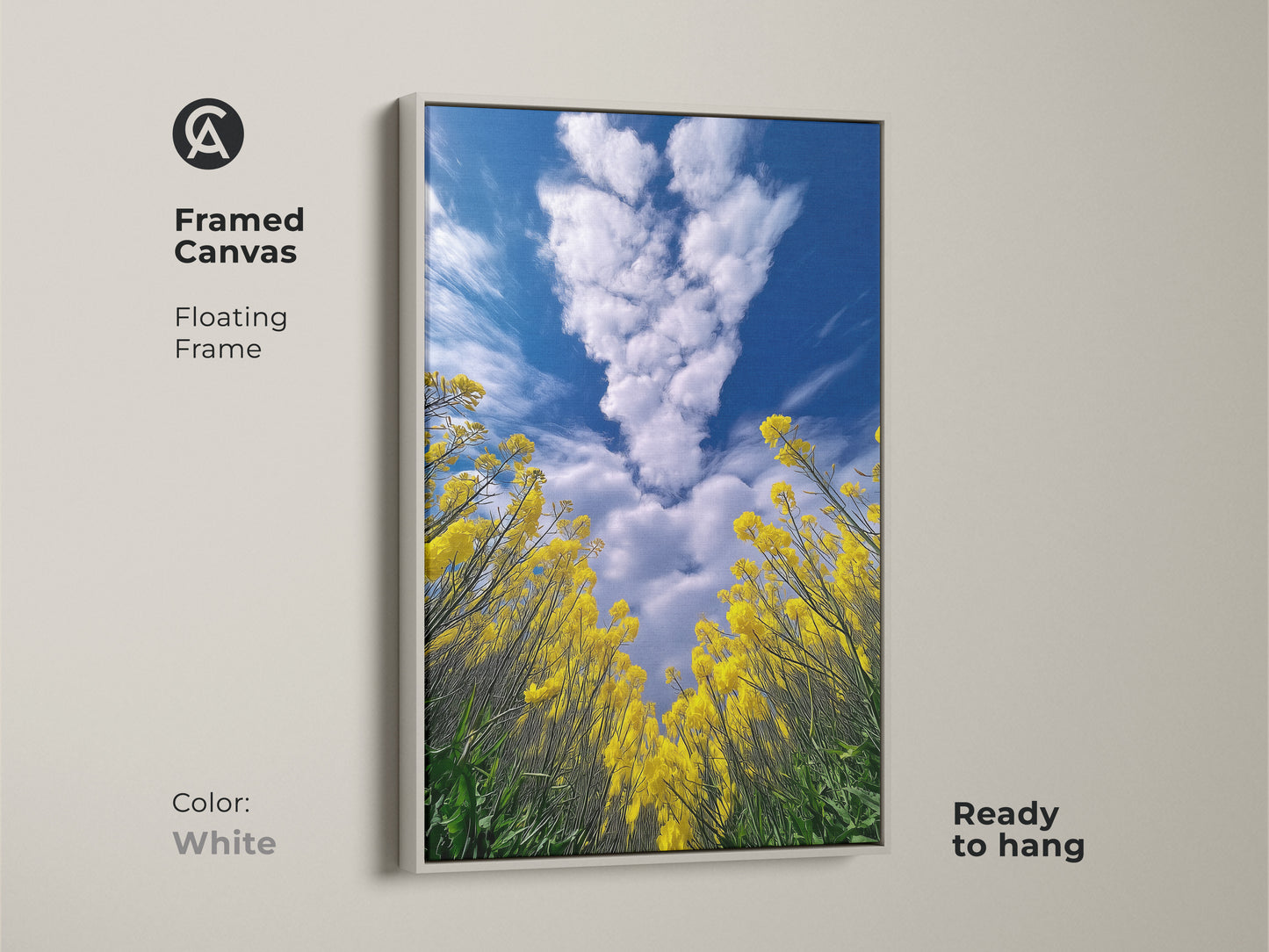 Framed canvas in white. Features yellow canola field artwork. The floating frame offers a clean look. Blue sky and clouds create a peaceful ambiance. Ready to hang this nature landscape artwork is perfect for plant lovers.