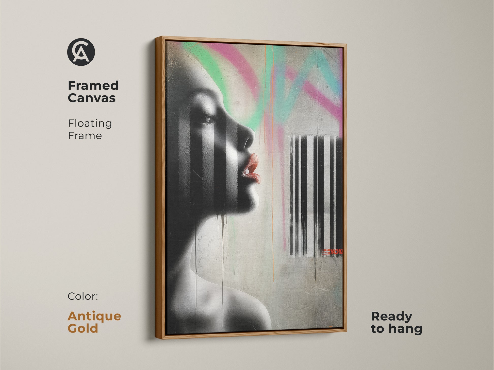 Framed canvas featuring a modern female portrait with an antique gold floating frame. This abstract artwork combines urban graffiti style with black white and pink elements. An edgy home wall art piece that is ready to hang adding unique flair to any room.