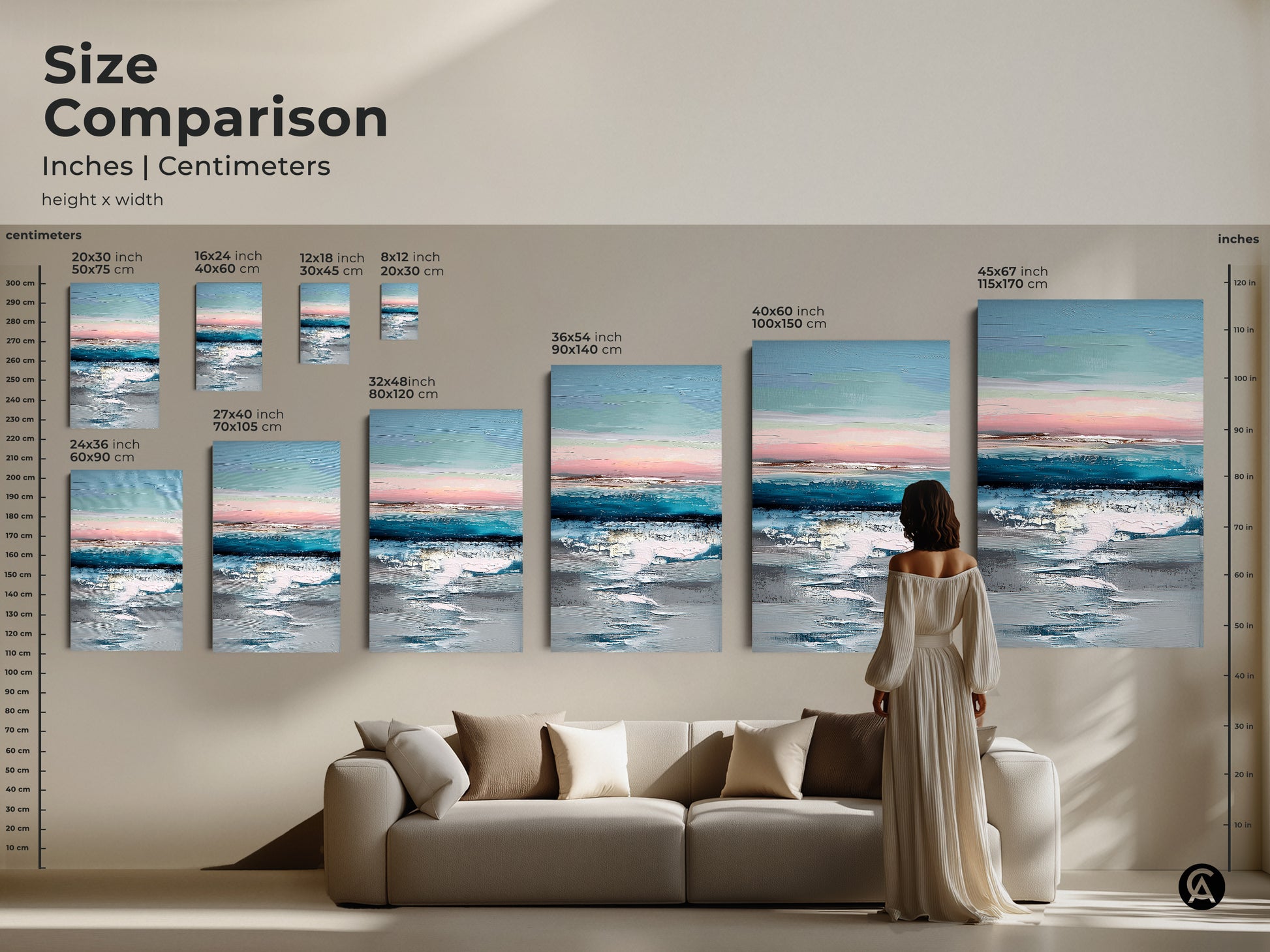 Size comparison of abstract coastal art prints in inches and centimeters. Visualize teal blue and pink artwork in various dimensions above a sofa. Choose the perfect size for your space. Create a serene ocean view art display in your home.