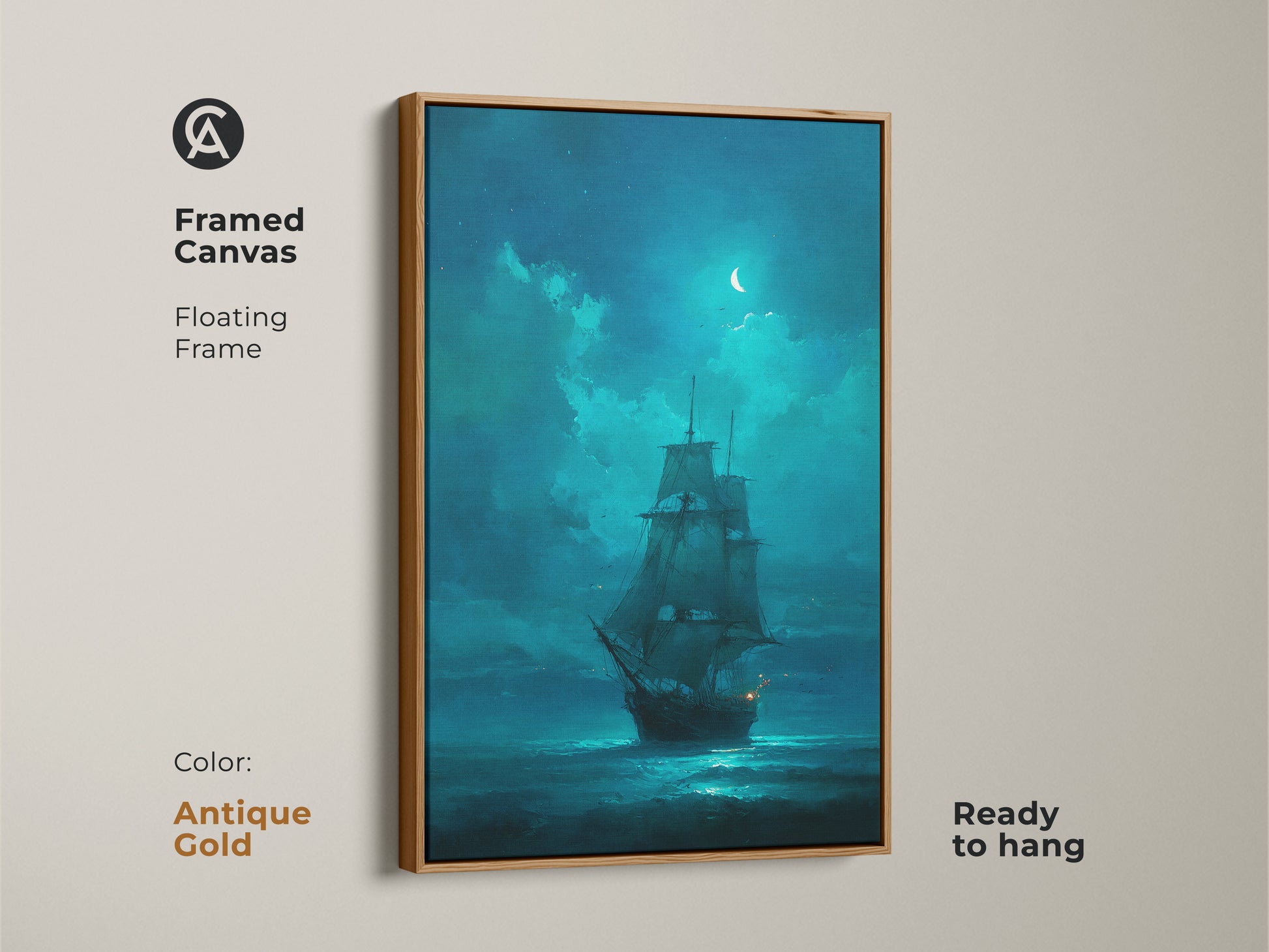 A framed canvas featuring a tall ship sailing under the moonlight. The artwork is ready to hang with an antique gold floating frame. This nautical art is a great addition to any space. Buy this art today