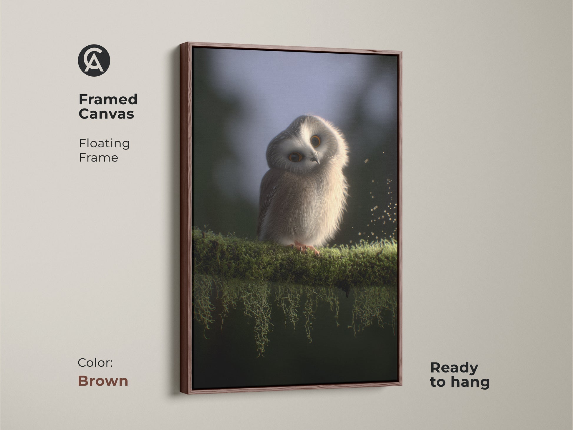 Framed canvas showcasing a baby owl. This cute owl wall art suits a Scandinavian nursery. The floating frame adds elegance to the moss branch artwork. Ready to hang with a brown frame.